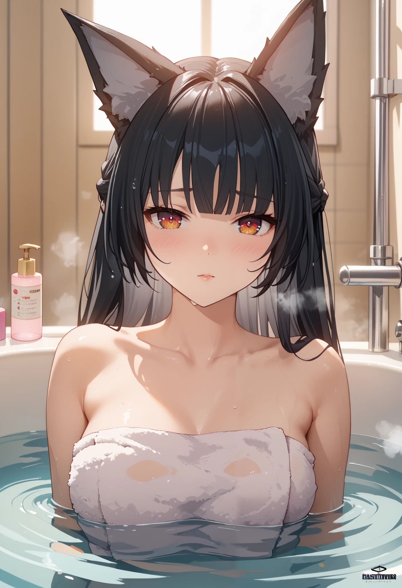  masterpiece， High Resolution ，Anime Art，Anime Numbers， 4k anime wallpaper，Soft Light， Radiant Skin， unique ，An anime girl， blush shy ，Half of the body is in the water， close-up shot ， long black hair ， Steaming ， red eyes， Wolf Ears ，bath towel，tub，Bathroom Background