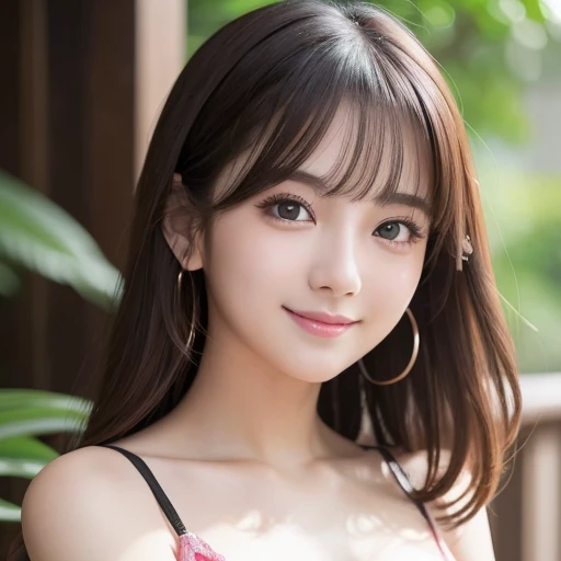 masutepiece, Best Quality, Illustration, Ultra-detailed, finely detail, hight resolution, 8K Wallpaper, Perfect dynamic composition, Beautiful detailed eyes, Women's Fashion Summer,Medium Hair,Small breasts natural color lip, Bold sexy poses,Smile,Harajuku、20 years girl、Cute、Sexy shot looking at camera