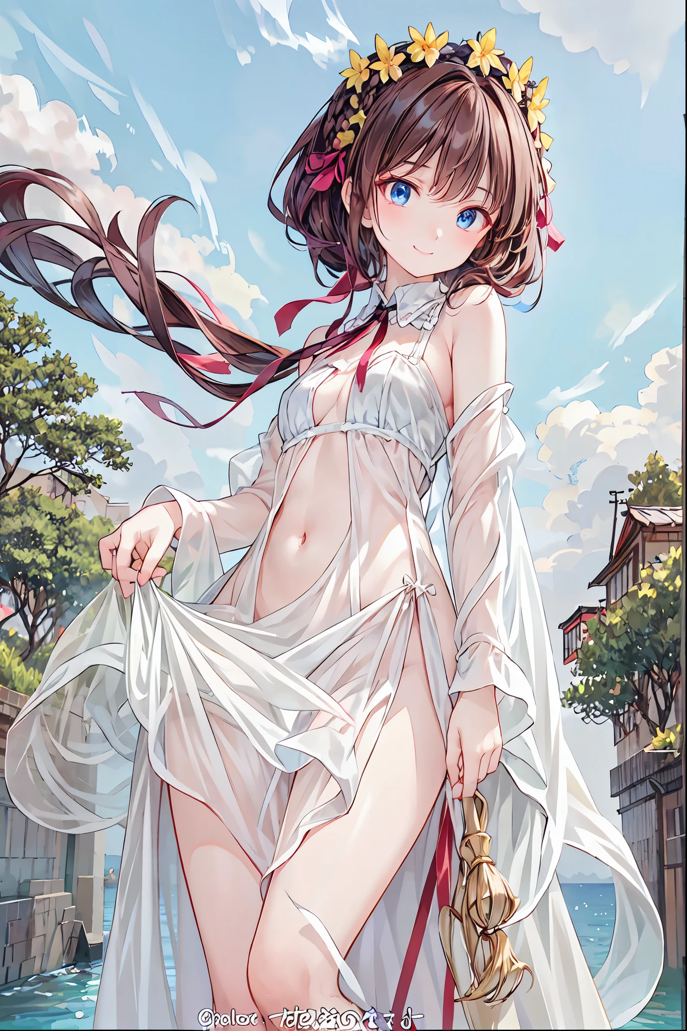Angel Maiden, nedium breasts, shy, barechested, Clouds, view over city, mountain ranges