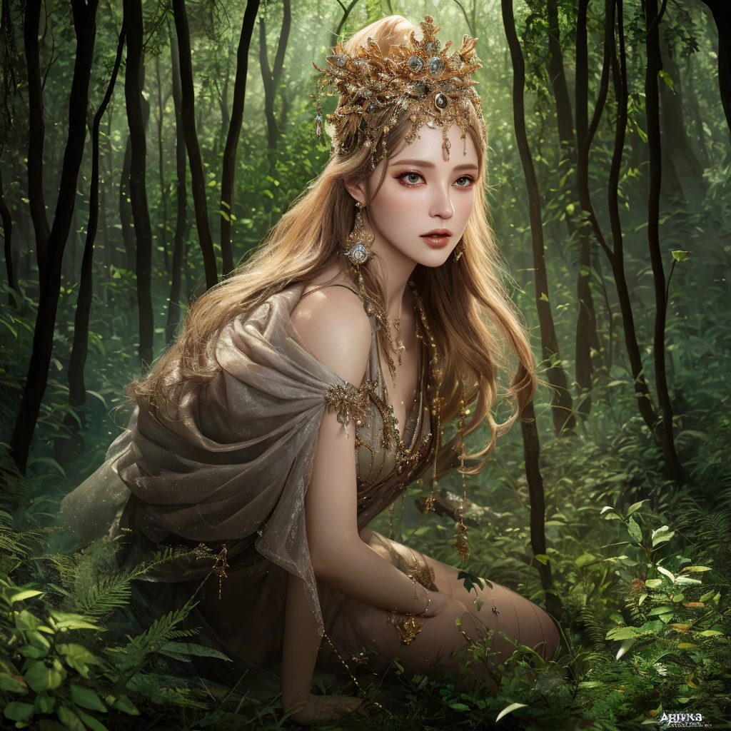 a hyper realistic woman, mature and best quality real texture skin, increase skin texture beauty, full body view, photo realistic, finely detailed eyes, finely detailed face, masterpiece, 32k, ultra-detailed, physically-based rendering, extremely detailed sorceress dress with arcane symbols, and in the background a dark forest.