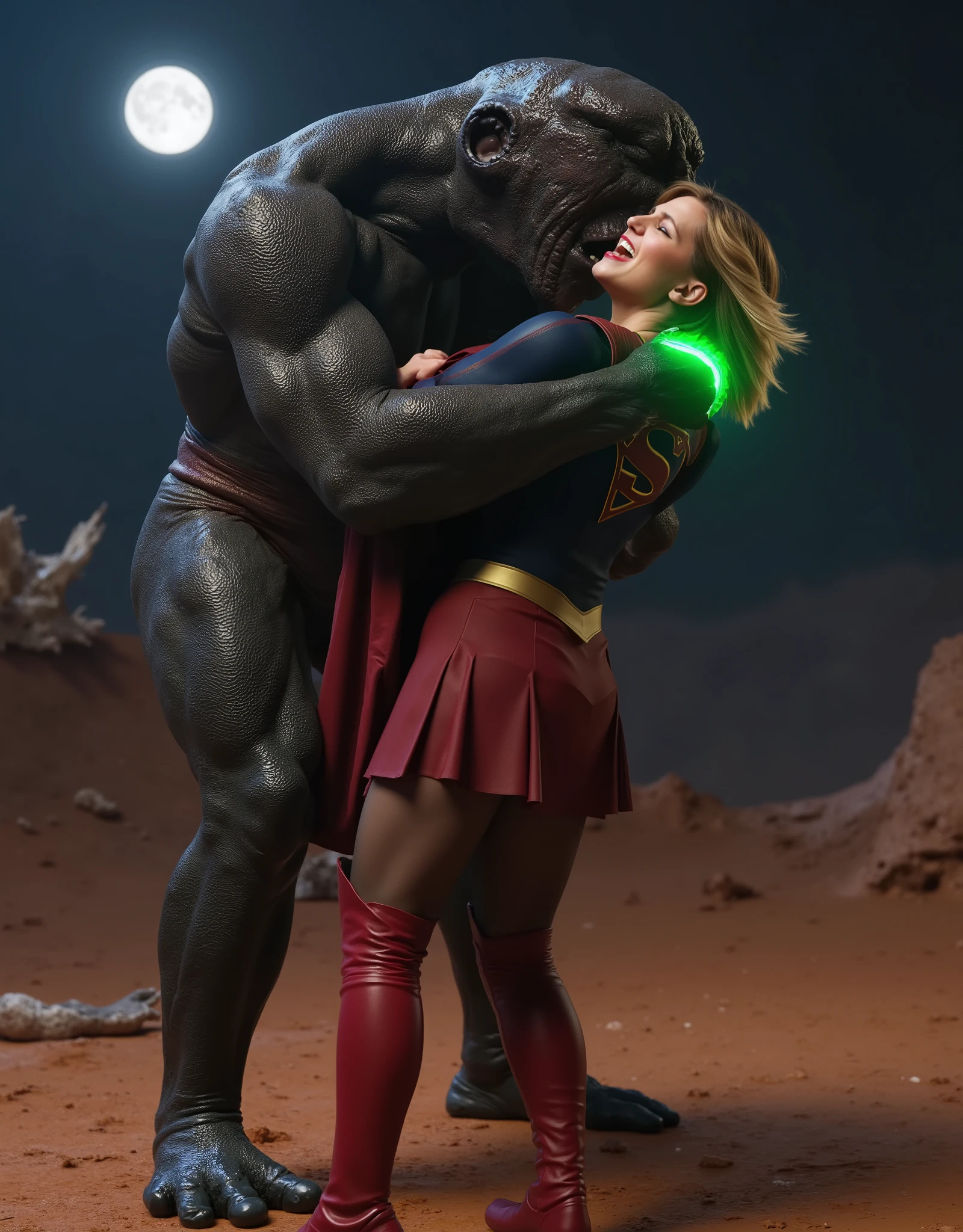 Melissa Benoist as Supergirl, Supergirl is fighting with a big alien monster, very bright white skin, can see whole body, She is wearing a thin black pantyhose, short red leather fabric skirt, red knee height long boots, blonde hair, lighting green collar on her neck, She is screaming in pain, seriously injured, painful, a huge body fierce Alien Monster hold and carry Supergirl body, the Alien Monster seize her body tightly and bite her neck, photorealistic, hyper realistic, night time on the Mar with moon lighting,