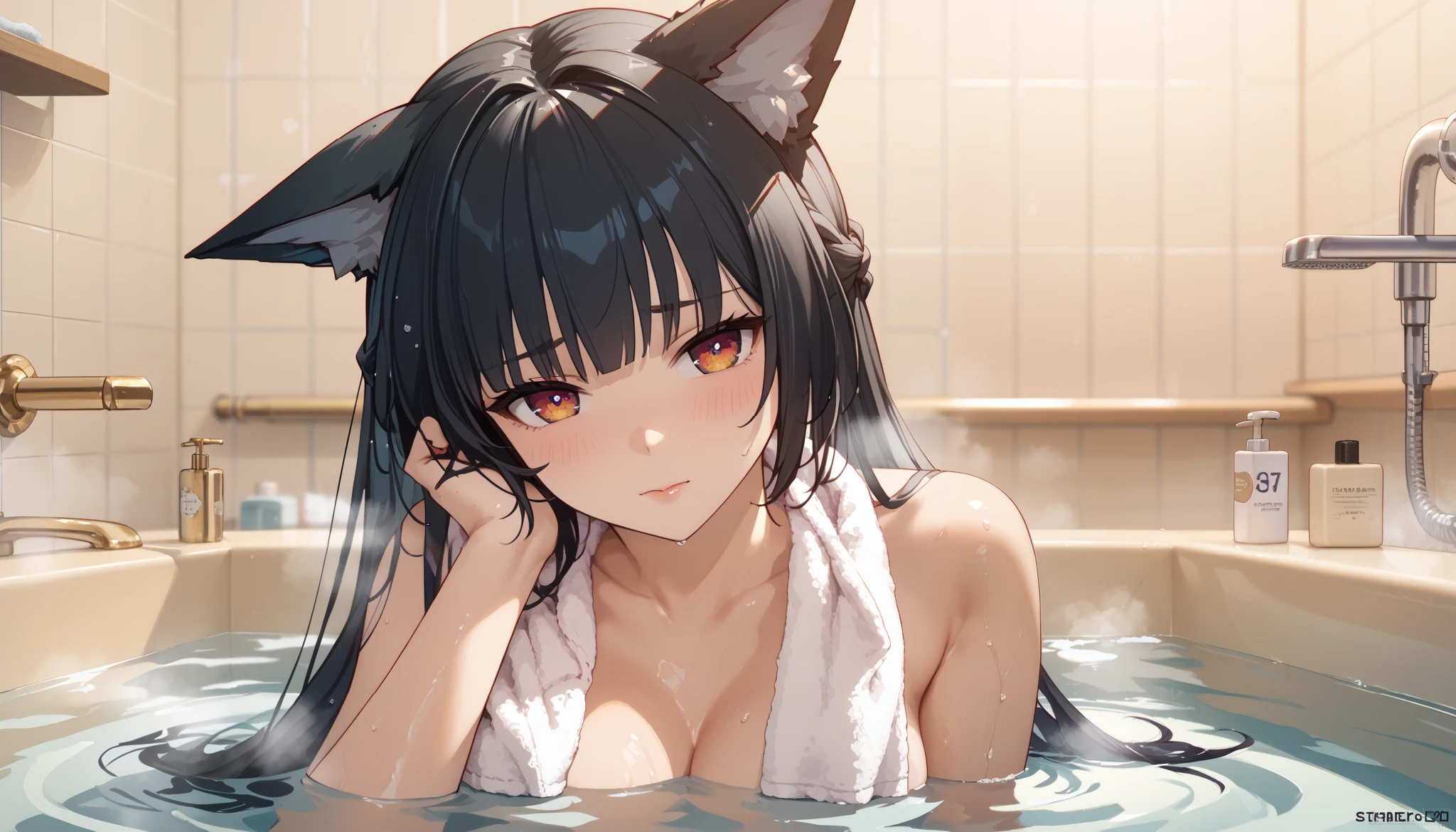  masterpiece， High Resolution ，Anime Art，Anime Numbers， 4k anime wallpaper，Soft Light， Radiant Skin， unique ，An anime girl， blush shy ，Half of the body is in the water， close-up shot ， long black hair ， Steaming ， red eyes， Wolf Ears ，thigh，bath towel，tub，Bathroom Background