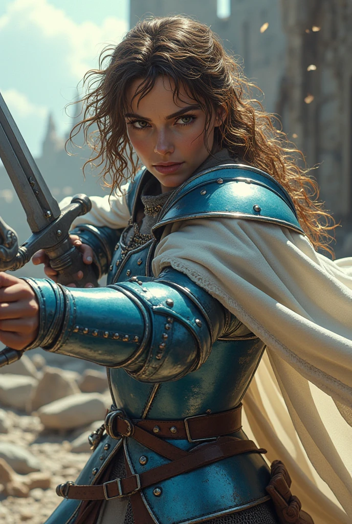 A spanish female knight, light brown eyes, golden-brown choppy curly bangs hairstyles, menacing face, blue color armor adorned with jewelry, sword-swinging pose, white robes, conquered fortress background.