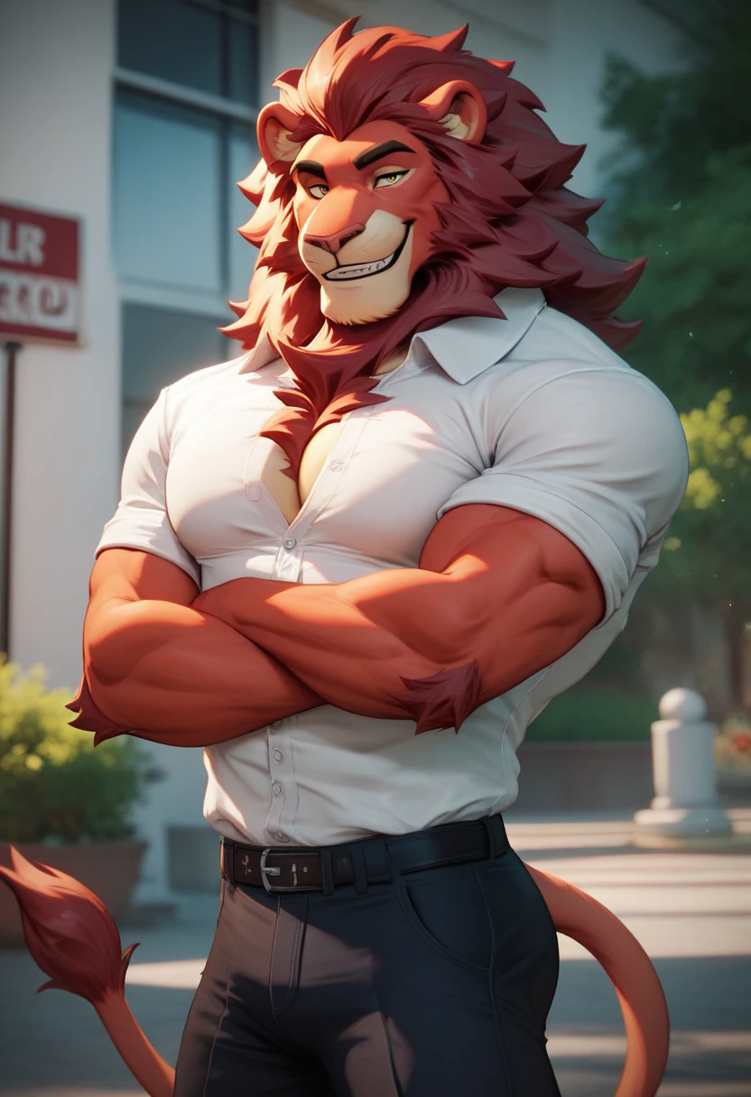 a lion, random furry, antromorfo, smile, muscular, pectorals, red body, shirt,  dress pants , limelight,  arms and chest only , posing styles,  arms crossed, background school , 4k.