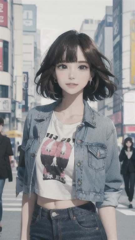 (masterpiece,  top quality),  beautiful women, Cropped shirt with cute print,  jacket,  jeans,  short wavy hair ,  headband ,   asymmetrical bangs that grab the chest, perfect face,  beautiful faces,  enchantment,  big beautiful eyes,  soft smile,   perfect slim fit body, city streets, Seoul,  bright color