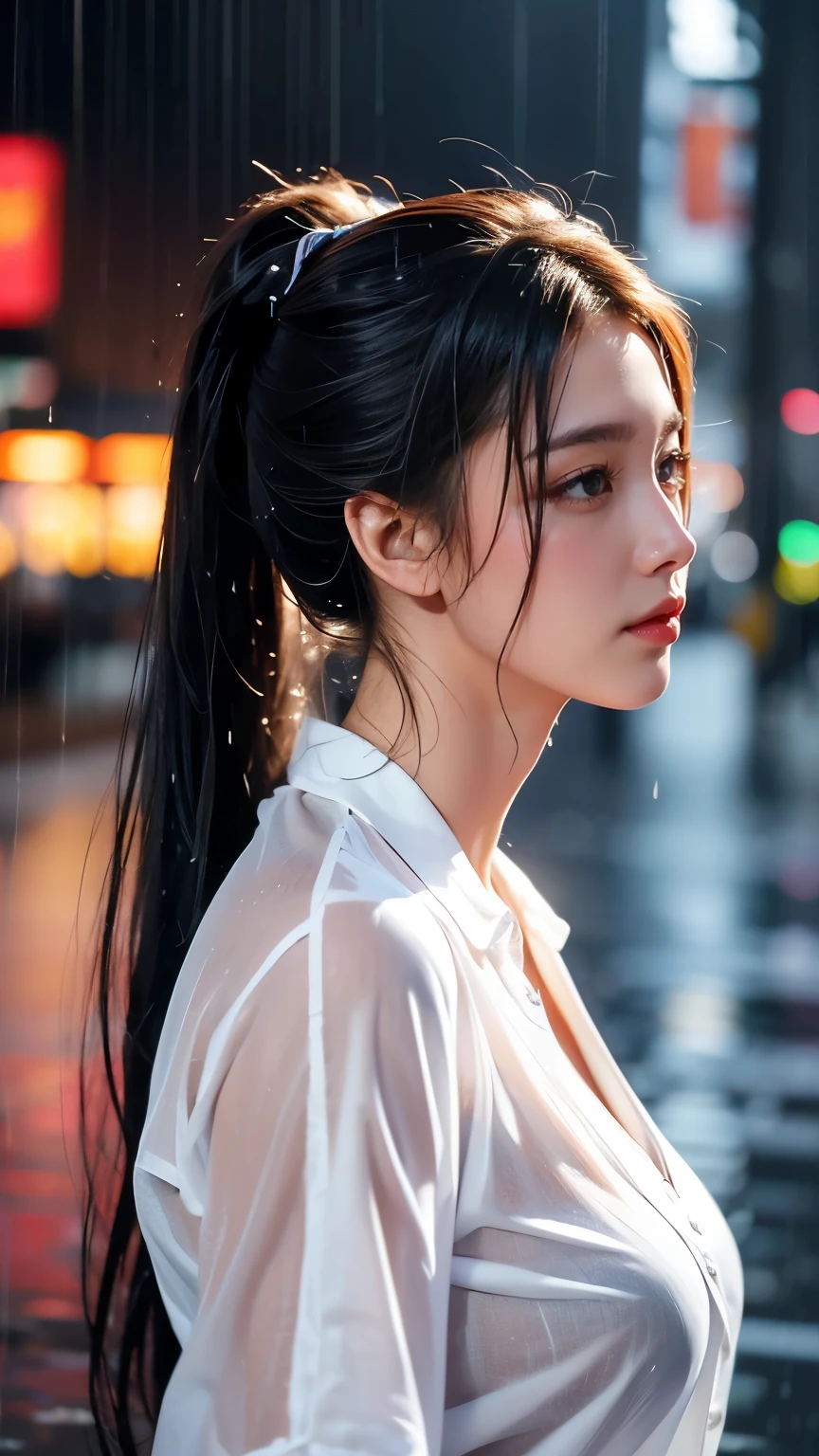 1 girl , big long hair, Bun hairstyle, Upper Body, Close-up photo, facing the camera, D cup breasts, There is a round protrusion on the chest, angry, Gathering Qi in the mouth,  rain , Street View.