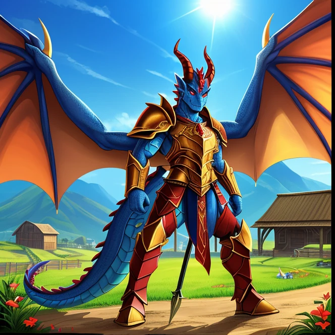 Máster, hd, High Resolution, High Quality, Best Quality, Super Detailed. Solo character alone, multiple views. Fantasy art.
{{(An ageless male-adult-anthro-dragonian-paladin:(appearance: blue-scales-skin. Red-eyes. Dragon-wings. Dragon-tail. Dragon-face. Red-horns. He stands 3-cm-tall. Heroic personality.),(he wears: dark-brown-paladin-armor.),(equipment: golden-claymore.),(scenery: sunny Hindu-styled farm.))}}