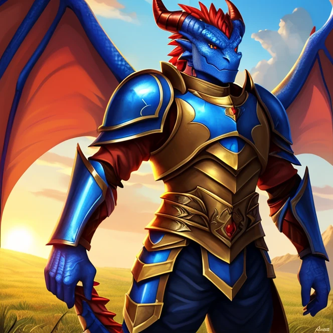 Máster, hd, High Resolution, High Quality, Best Quality, Super Detailed. Solo character alone, multiple views. Fantasy art.
{{(An ageless male-adult-anthro-dragonian-paladin:(appearance: blue-scales-skin. Red-eyes. Dragon-wings. Dragon-tail. Dragon-face. Red-horns. He stands 3-cm-tall. Heroic personality.),(he wears: dark-brown-paladin-armor.),(equipment: golden-claymore.),(scenery: sunny Hindu-styled farm.))}}