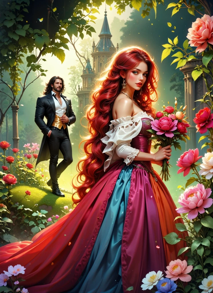  Glossing full-waist Full-body digital realistic illustration . A beautiful 18-year-old flirting woman in a contrasting bright colorful organza and satin satin dress with SHINY STRAIGHT red hair is standing on the grass, holding flowers in his hands.  A handsome massive BRUTAL SEXY man with long black hair looks at her, in a white shirt ,pants and boots , he holds flowers in his hand.  Victorian garden with peonies , england pemberly-manor-palace .  Sunlight illuminates every blade of grass ,leaf, flower. BRIGHT,textural, three-dimensional , bright rich complementary colors .  flowing hair .textural.  correct anatomy proportions .right hands .  Model beautiful faces . The overall color palette is creating a vivid and haunting visual experience. The illustration is rich in detail, with textures that mimic real fabric and stone, enhancing the realism of the scene.