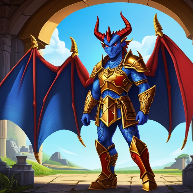 Máster, hd, High Resolution, High Quality, Best Quality, Super Detailed. Solo character alone, multiple views. Fantasy art. Warcraft aesthetic.
{{(An ageless male-adult-anthro-dragonian-paladin:(appearance: blue-scales-skin. Red-eyes. Dragon-wings. Dragon-tail. Dragon-face. Red-horns. He stands 3-cm-tall. Heroic personality.),(he wears: dark-brown-paladin-armor.),(equipment: golden-claymore.),(scenery: sunny Hindu-styled farm.))}}