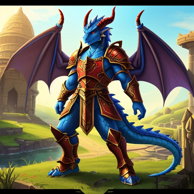 Máster, hd, High Resolution, High Quality, Best Quality, Super Detailed. Solo character alone, multiple views. Fantasy art. Warcraft aesthetic.
{{(An ageless male-adult-anthro-dragonian-paladin:(appearance: blue-scales-skin. Red-eyes. Dragon-wings. Dragon-tail. Dragon-face. Red-horns. He stands 3-cm-tall. Heroic personality.),(he wears: dark-brown-paladin-armor.),(equipment: golden-claymore.),(scenery: sunny Hindu-styled farm.))}}