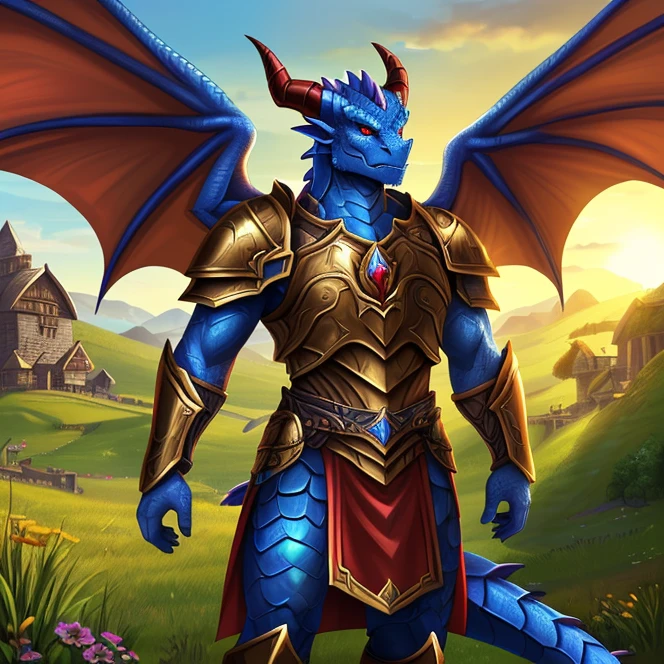 Máster, hd, High Resolution, High Quality, Best Quality, Super Detailed. Solo character alone, multiple views. Fantasy art. Warcraft aesthetic.
{{(An ageless male-adult-anthro-dragonian-paladin:(appearance: blue-scales-skin. Red-eyes. Dragon-wings. Dragon-tail. Dragon-face. Red-horns. He stands 3-cm-tall. Heroic personality.),(he wears: dark-brown-paladin-armor.),(equipment: golden-claymore.),(scenery: sunny Hindu-styled farm.))}}