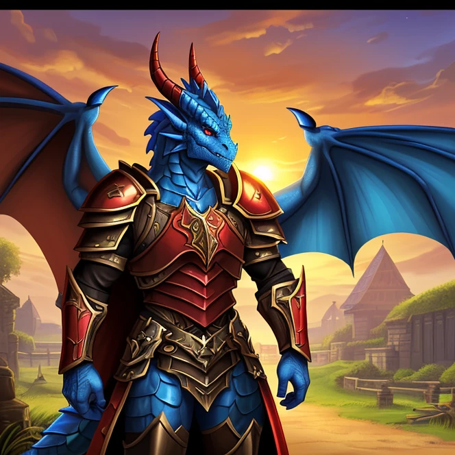 Máster, hd, High Resolution, High Quality, Best Quality, Super Detailed. Solo character alone, multiple views. Fantasy art. Warcraft aesthetic.
{{(An ageless male-adult-anthro-dragonian-paladin:(appearance: blue-scales-skin. Red-eyes. Dragon-wings. Dragon-tail. Dragon-face. Red-horns. He stands 3-cm-tall. Heroic personality.),(he wears: dark-brown-paladin-armor.),(equipment: golden-claymore.),(scenery: sunny Hindu-styled farm.))}}