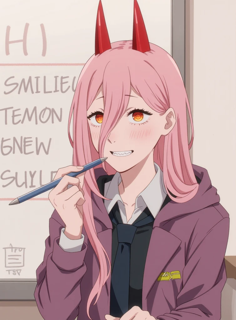 character art of power, power long pink hair woman with two red horns, power embarassed smiling wincing flinching holding pen writing on wall, power writing on wall blushing, facial expressions, loish art style, loish art, power chainsaw man