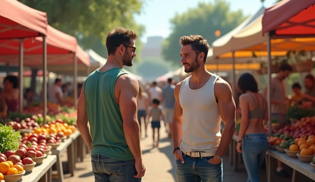 A beautiful young man with a macho with an exposed chest and legs wearing shorts he has a sharp look and has a sharp jaw Has a big be with another gay man