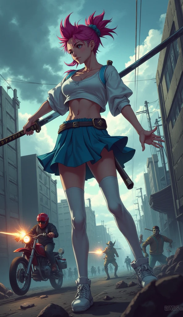  A standing girl holding a katana , pink hair,  white blouse and short Japanese high school sweater , short blue high school skirt , knee-length stockings , pose sexy,  camera angle tilted from bottom to top ,  post-apocalyptic scenario ,  clouds in the sky , a biker with a red helmet and a red motorbike passing sideways with a submachine gun in his hand shooting backwards at some zombies in the background.