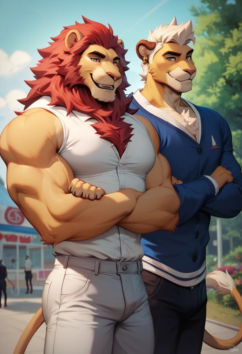 a lion, random furry, antromorfo, smile, muscular, pectorals, Hairstyles red , shirt,  dress pants , limelight,  arms and chest only, posing styles,  arms crossed, background school , 4k.