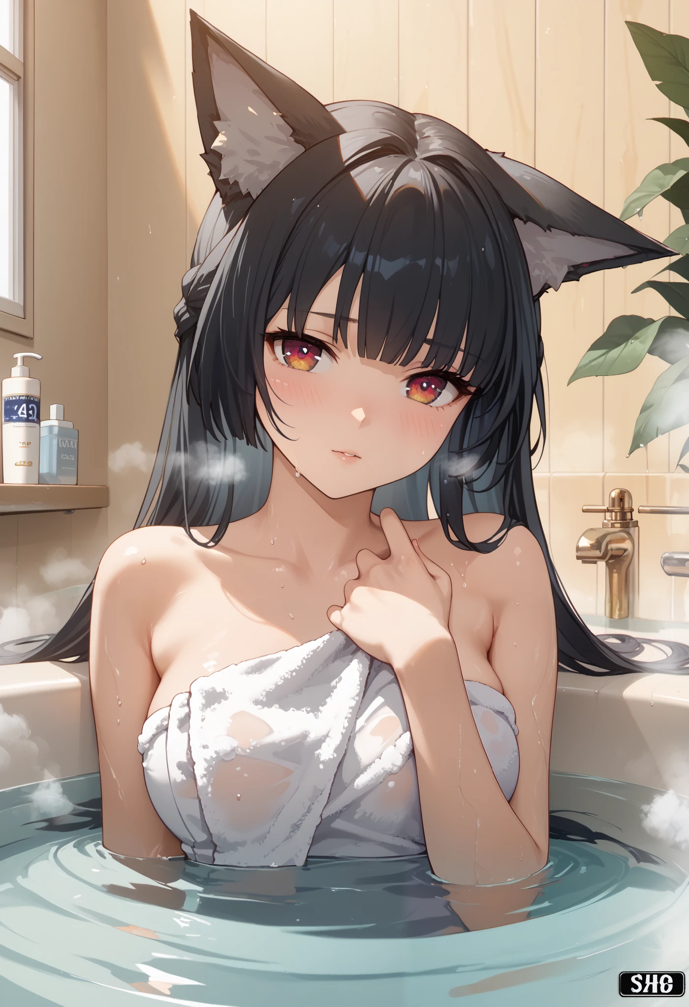  masterpiece， High Resolution ，Anime Art，Anime Numbers， 4k anime wallpaper，Soft Light， radiant skin， unique ，An anime girl， blush shy ，Half of the body is in the water， close-up shot ， long black hair ， Steaming ， red eyes， Wolf Ears ，Calf，bath towel，tub，Bathroom Background