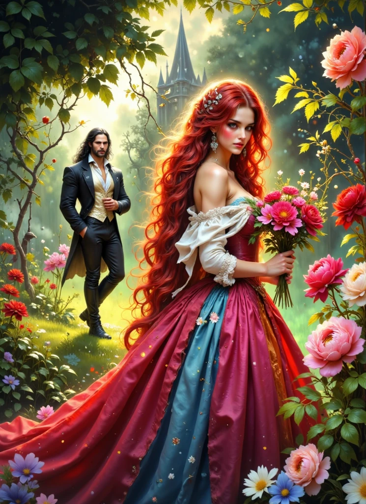  Glossing full-waist Full-body digital realistic illustration . A beautiful 18-year-old flirting woman in a contrasting bright colorful organza and satin satin dress with SHINY STRAIGHT red hair is standing on the grass, holding flowers in his hands.  A handsome massive BRUTAL SEXY man with long black hair looks at her, in a white shirt ,pants and boots , he holds flowers in his hand.  Victorian garden with peonies , england pemberly-manor-palace .  Sunlight illuminates every blade of grass ,leaf, flower. BRIGHT,textural, three-dimensional , bright rich complementary colors .  flowing hair .textural.  correct anatomy proportions .right hands .  Model beautiful faces . The overall color palette is creating a vivid and haunting visual experience. The illustration is rich in detail, with textures that mimic real fabric and stone, enhancing the realism of the scene.