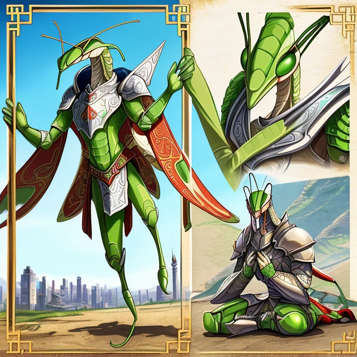 Masterpiece, HD, high resolution, high quality, best quality, super detailed. Solo creature alone, multiple views. Fantasy art. Warcraft aesthetic.
{{(An anthropomorphic-animal: A 150-years-old male-green-praying-mantis-adventurer:(appearance: green-praying-mantis-exoskin. Praying-Mantis-head. Praying-Mantis-face. Praying-Mantis-mouth. Praying-Mantis-yellow-big-eyes. Anthro-Praying-mantis-slender-body. Praying-mantis-arms. Praying-mantis-arms-with-femur-femur-claws-tibias. Anthro-praying-mantis-legs. Praying-mantis-feet with clawed-fingers. Praying-mantis-tail. Praying-mantis-wings in his back. He stands 1,70-CM-tall. Emotionless expression. Smart and witty demeanor. Fierce and introvert personality. He’s running fast and courageous.),(he wears: white-strange-heavy-amor. White-cuirass-armor. White-shoulders-armor. White-breastplate-armor. White-adapted-mantis-arms-armor. White-legs-armor-adapted-to-mantis-legs. White-helmet-armor.),(equipment: long-naginata-spear.),(scenery: chinese-styled-anthropomorphic-mantis-city. Sunny-sky.))}}