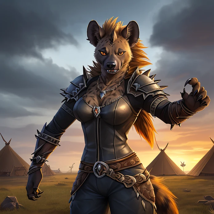 Masterpiece, HD, high resolution, high quality, best quality, super detailed. Solo character alone. Fantasy art. Warcraft aesthetic.
{{(A 50-years-old female-adult-gnoll:(appearance: hyena-head. real-hyena-face. hyena-orange-color-eyes. black-nose. hyena ears, hyena-mouth. hyena-teeth. Female-slender-hyena-body. hyena-fur. Anthro-hyena-arms. hyena-hands-with-five-fingers and grey sharp claws. Anthro-hyena-slender-legs. hyena-feet. five-hyena-feet-fingers-with-grey-sharp-claws. She stands 1,88-cm-tall. hyena-sadistic-smiling-face. provocative-killer-pose. insane-malefic-demeanor.),(she wears: black-armor. blue pants. spiky necklace),(scenery: gnoll encampement. norse tribal tents. grey cloudy sky.))}}