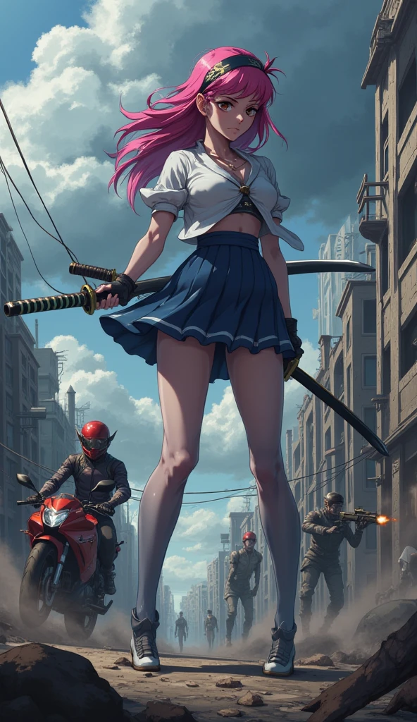  A standing girl holding a katana , pink hair,  white blouse and short Japanese high school sweater , short blue high school skirt , knee-length stockings , pose sexy,  camera angle tilted from bottom to top ,  post-apocalyptic scenario ,  clouds in the sky , a biker with a red helmet and a red motorbike passing sideways with a submachine gun in his hand shooting backwards at some zombies in the background.