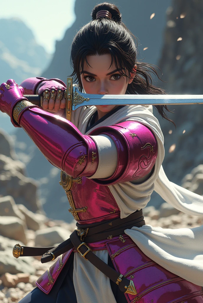 A japanese female knight, dark brown eyes, dark brown choppy curly bangs hairstyles, menacing face, magenta color armor adorned with jewelry, sword-swinging pose, white robes, conquered fortress background.