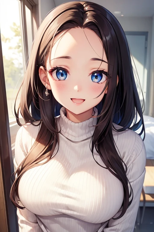ultra-detailed face, ((dropping eyes)), vibrant colors, soft natural lighting, bokeh effect. winter outfit, flawless makeup, professional photography, vibrant colors, (smile, happy face), legs, sit on bed,