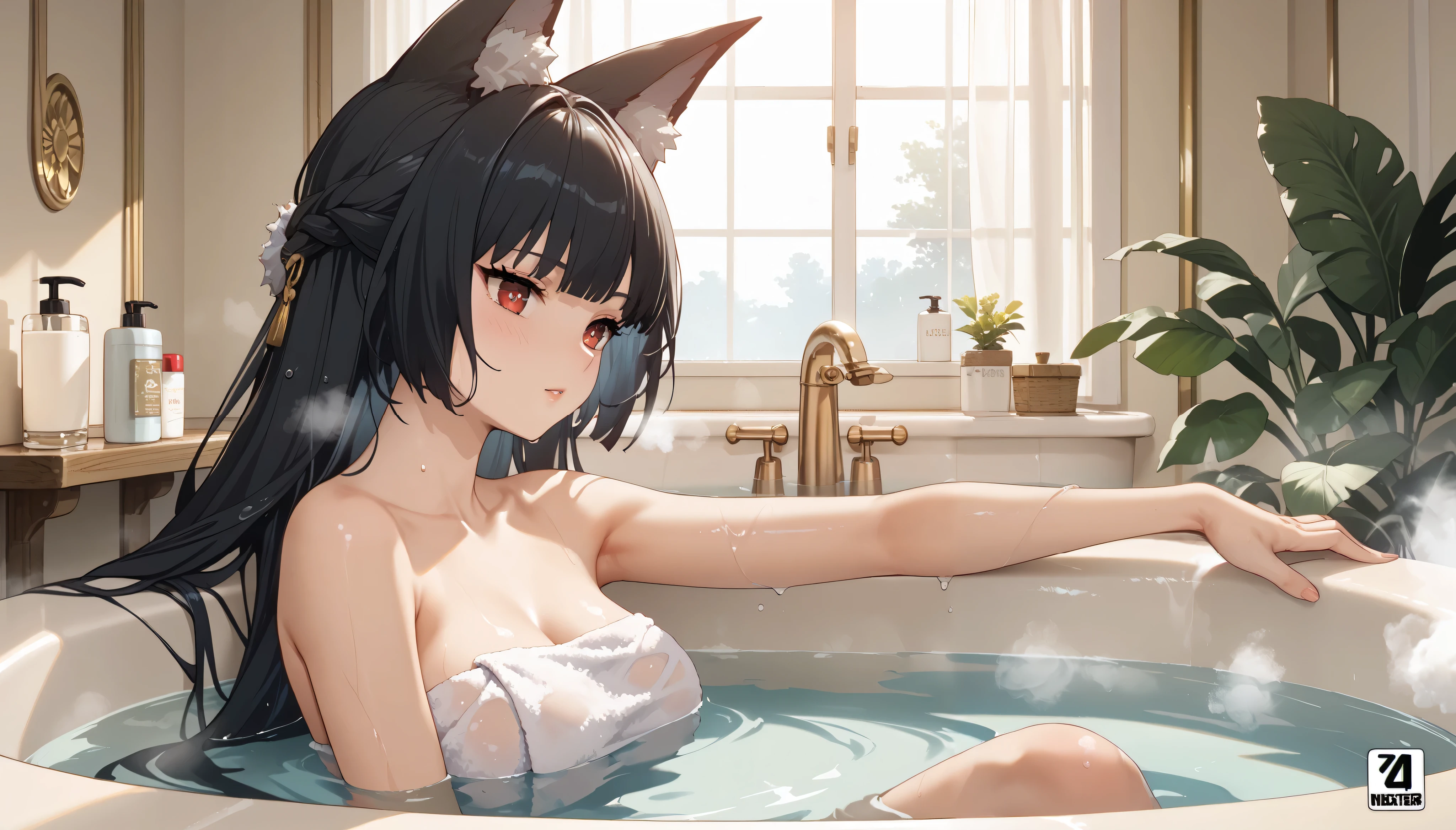 masterpiece, High Resolution ,Anime Art,Anime Numbers, 4k anime wallpaper,Soft Light, radiant skin, unique ,An anime girl, blush,Half of the body is in the water, long black hair , Steaming , red eyes, Wolf Ears ,thigh,bath towel,tub,Bathroom Background