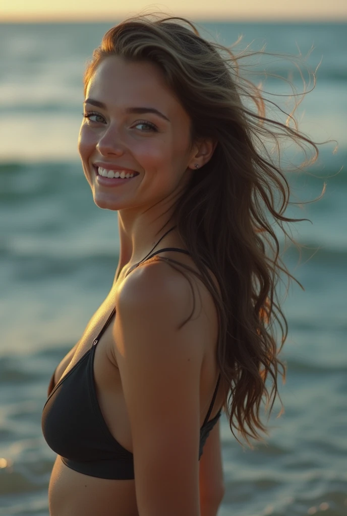 Photographier, photo d'une belle femme, seulement, bikini, bronze sur la plage, (nuit), joyeux, heureux, cheveux blond, yeux bleus, finlandais, Texture de la peau, grain photo,