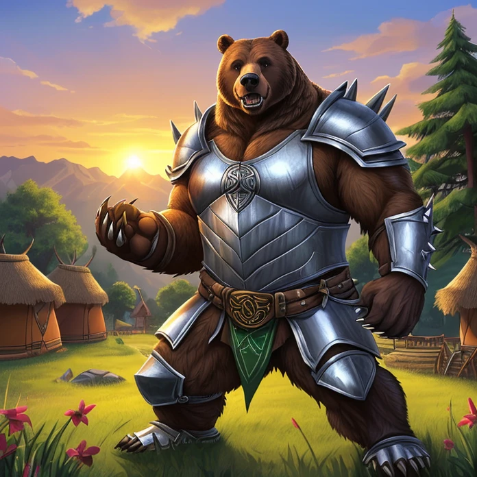 Masterpiece, HD, high resolution, high quality, best quality, super detailed. Solo creature alone, multiple views. Fantasy art. Warcraft aesthetic.
{{(An anthropomorphic-animal: A 60-years-old male-brown-fur-Grizzly-Bears-cout:(appearance: big-rounded-bear-head. bear-shaped-green-eyes. black nose. rounded bear ears. bear neck. bear open mouth with sharp teeth and sharp fangs. Hulking grizzly bear body. grizzly bear arms. grizzly bear hands with five fingers and grey sharp claws. muscular-humanoid grizzly-bear-legs. grizzly-bear-feet. five grizzly bear fingers with grey sharp claws. serious grizzly bear face. imponent-grizzly-bear. warrior-pose. grizzly-bear calmed-demeanor. passive-aggressive-demeanor. He stands 3,00-cm-tall.),(he wears: bulky-silver-shoulders-armors. black-spikes-around-shoulder-armors. silver-cuirass. silver-hip-armor. silver-celtic-belt. Grey-pants.),(equipment: long-silver-warhammer-with-black-spikes.),(scenery: ancient germanic tribe styled village. green grass. wooden tents. morning sky. sun rising in the sky.))}}