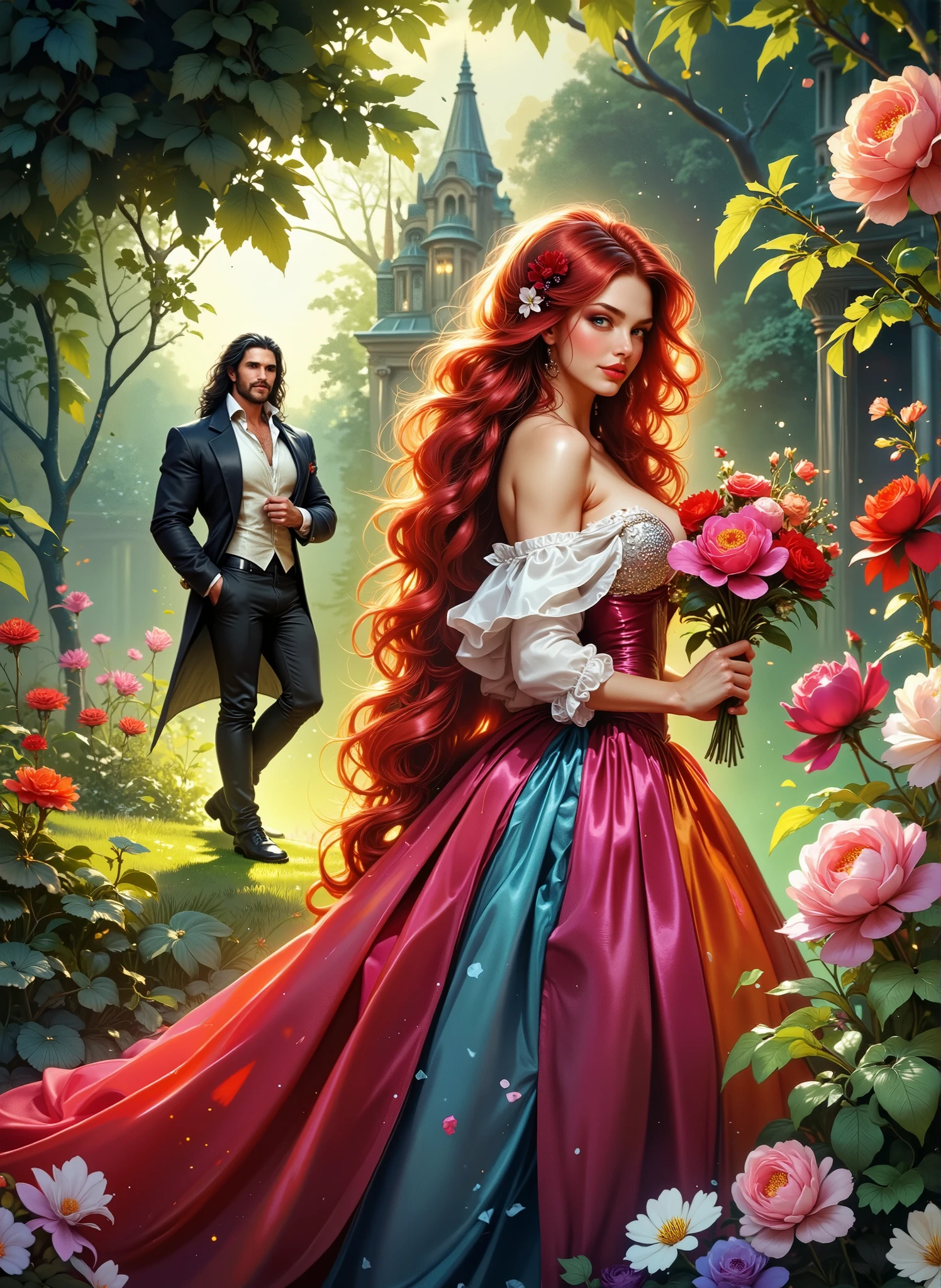  Glossing full-waist Full-body digital realistic illustration . A beautiful 18-year-old flirting woman in a contrasting bright colorful organza and satin satin dress with SHINY STRAIGHT red hair is standing on the grass, holding flowers in his hands. A handsome BRUTAL SEXY man with long black hair looks at her, in a white shirt ,pants and boots , he holds flowers in his hand.  Victorian garden with peonies , england pemberly-manor-palace .  Sunlight illuminates every blade of grass ,leaf, flower. BRIGHT,textural, three-dimensional , bright rich complementary colors .  flowing hair .textural.  correct anatomy proportions .right hands .  Model beautiful faces . The overall color palette is creating a vivid and haunting visual experience. The illustration is rich in detail, with textures that mimic real fabric and stone, enhancing the realism of the scene.