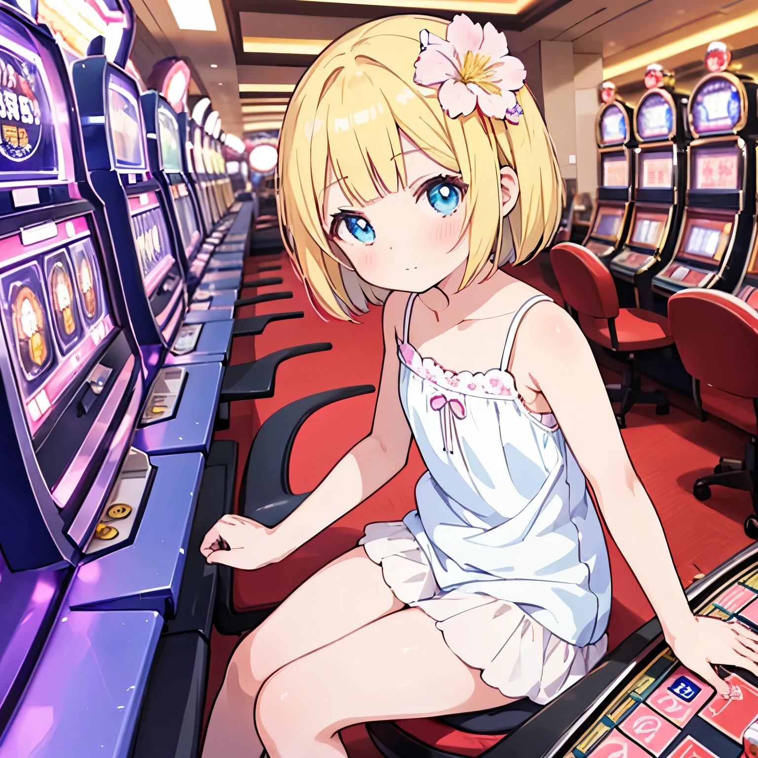白いキャミソールを着ている, wearing a white camisole , anime girl playing a slot machine in a casino, cute girl with flowers in her hair, seductive anime girl , ( anime girl ), digital animation illustration , Lofi Girl , On pixiv, attractive anime girl , an anime girl , cute anime girl , Hanayamata , anime girl , anime best girl , young woman anime visual, pretty anime girl ,Blonde, bob cut, wearing a white camisole ,Facing the slot machine,Sitting on a chair playing a game on a slot machine,Blue Eyed Woman