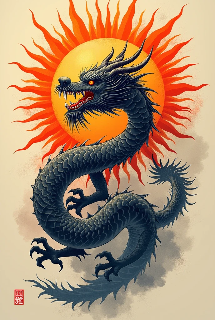 two headed japanese dragon in neo traditional vector graphic style and orange and yellow color
