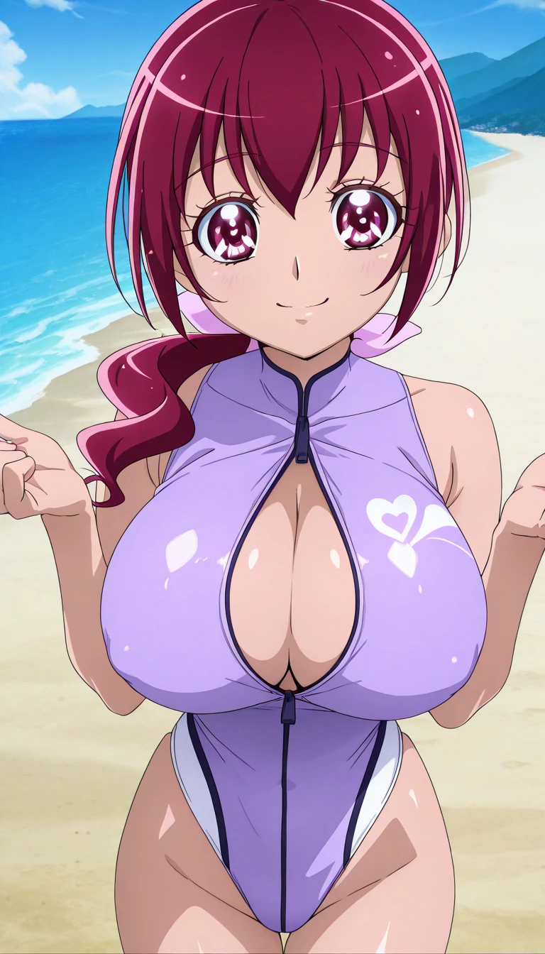  score_9,  score_8_ up,  score_7_ up,  source_anime, (anime coloring, anime screencap:1.2),  flat color,  Shiny Skin, (Huge breasts,long breasts),Ikuyo Hoshizora/(Smile PreCure!),purple hair, purple eyes, hair bow,long hair, ponytail,smile,one woman, high leg swimsuit,Front zipper swimsuit,posing,sexy pose,whole body,looking at viewer,sky,sea,daytime,beach,high quality,masterpiece,highly detailed,gravure