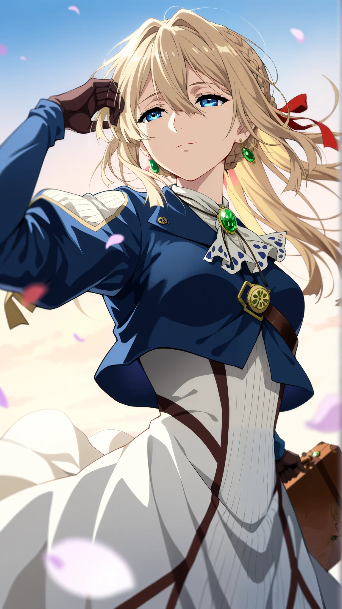 (in style of Donglu Yu:0.9),(in style of Chris Uminga:0.9),(in style of Charles Willson Peale:1.5),
 violet_evergarden,absurdres,highres,1girl,ascot,black gloves,blonde hair, blue jacket,braid,cropped jacket,crown braid,earrings,falling_petals,from side,gem,gloves,green brooch, green_gemstone,holding,holding_suitcase,jacket,jewelry,petals,red_ribbon,ribbon,sidelocks,skirt,suitcase,white_ascot, white_skirt,
Hand on hair,floating hair,half-closed eyes,light smile,
outdoor,sky,water surface,reflection,bright light,(Blurred foreground, background blur, face focus,from below,from side,fullbody,solo:1.3),(dynamic angle,:1.2)
highres,absurdres
