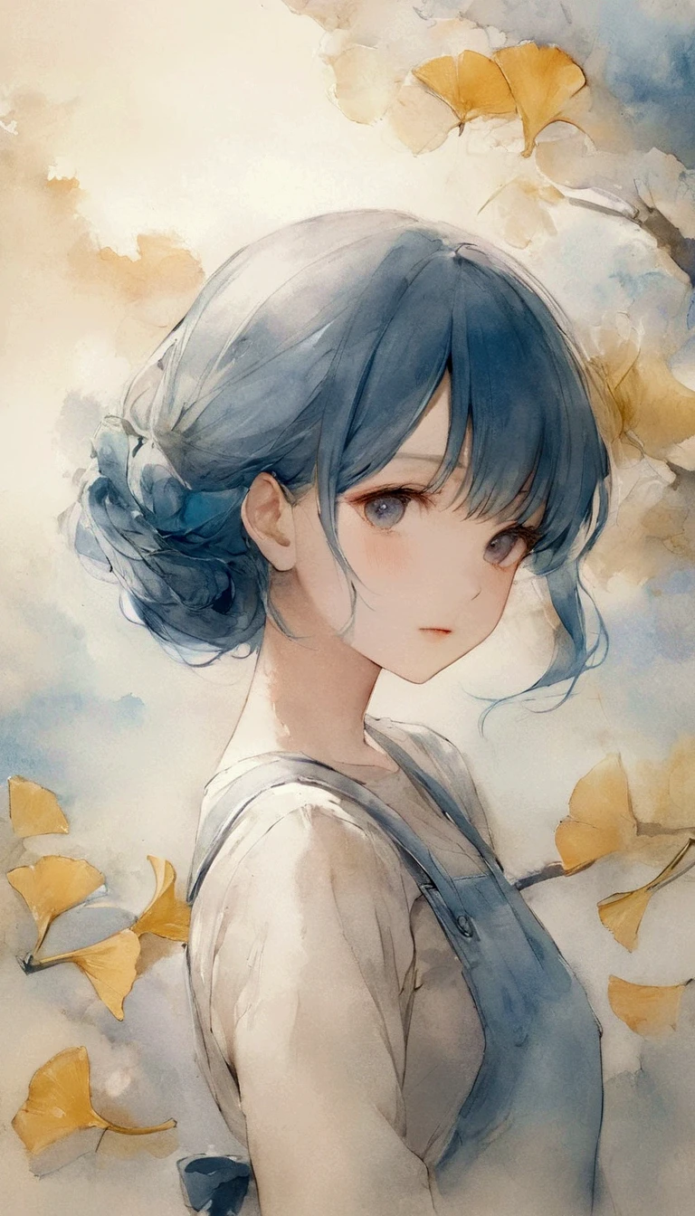  watercolor style mixed with blue hair 、(((Simple configuration)))、(((Background is a white wall:1.2、ginkgo tree)))、 カウボーイが撃った、 looking sideways 、  staring at the camera 、  perfect anatomy 、絵のように beautiful、sketch、  very delicate  、Cloud-like wall、、  floral、  Delicate Depiction 、Abstract、Overall bright color、Gentle colors、 dress、  Taisho Romance、( masterpiece 、  Top Quality、  Top Quality、  Official Art、 beautiful水彩画,  beautiful:1.2)