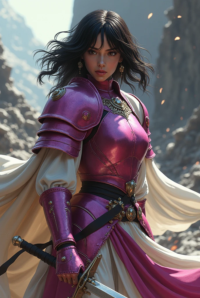 An Indonesian female knight, dark brown eyes, black choppy curly bangs hairstyles, menacing face, magenta color armor adorned with jewelry, sword-swinging pose, white robes, conquered fortress background.