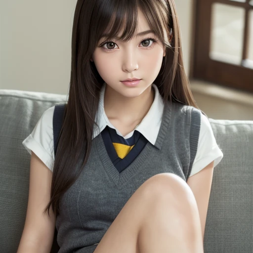  top quality,  focus on face , Soft light,   ultra high definition , ( Photorealistic :1.4),  RAW photos ,
 1 Japanese girl, Alone,  cute, (pupil,  light in the eyes ),   Detailed Beautiful Face , ( small breasts),( high resolution human skin texture detail),
( long hair),
Sit on sofa,
 school uniform,  Charcoal Vest,  skirt ,
(Upper thigh)