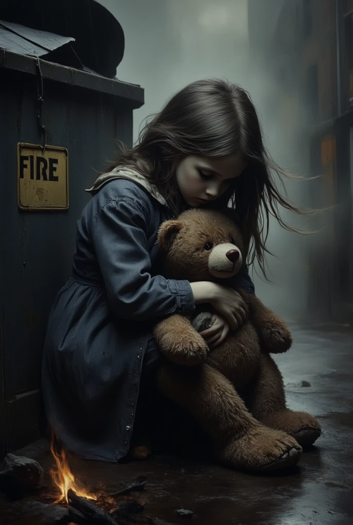 A **********, wet, dirty, wet from the rain, alone, sitting on the sidewalk holding her teddy bear, dark night, rain, fog, cold, strong wind in her hair, next to a trash can with "fire", photo studio , focus, sharp image, geometric lighting, 8k.