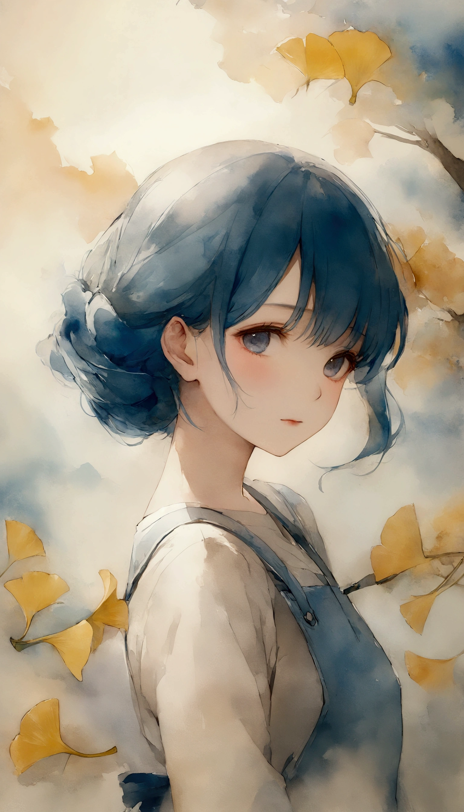  watercolor style mixed with blue hair 、(((Simple configuration)))、(((Background is a white wall:1.2、ginkgo tree)))、 カウボーイが撃った、 looking sideways 、  staring at the camera 、  perfect anatomy 、絵のように beautiful、sketch、  very delicate  、Cloud-like wall、、  floral、  Delicate Depiction 、Abstract、Overall bright color、Gentle colors、 dress、  Taisho Romance、( masterpiece 、  Top Quality、  Top Quality、  Official Art、 beautiful水彩画,  beautiful:1.2)