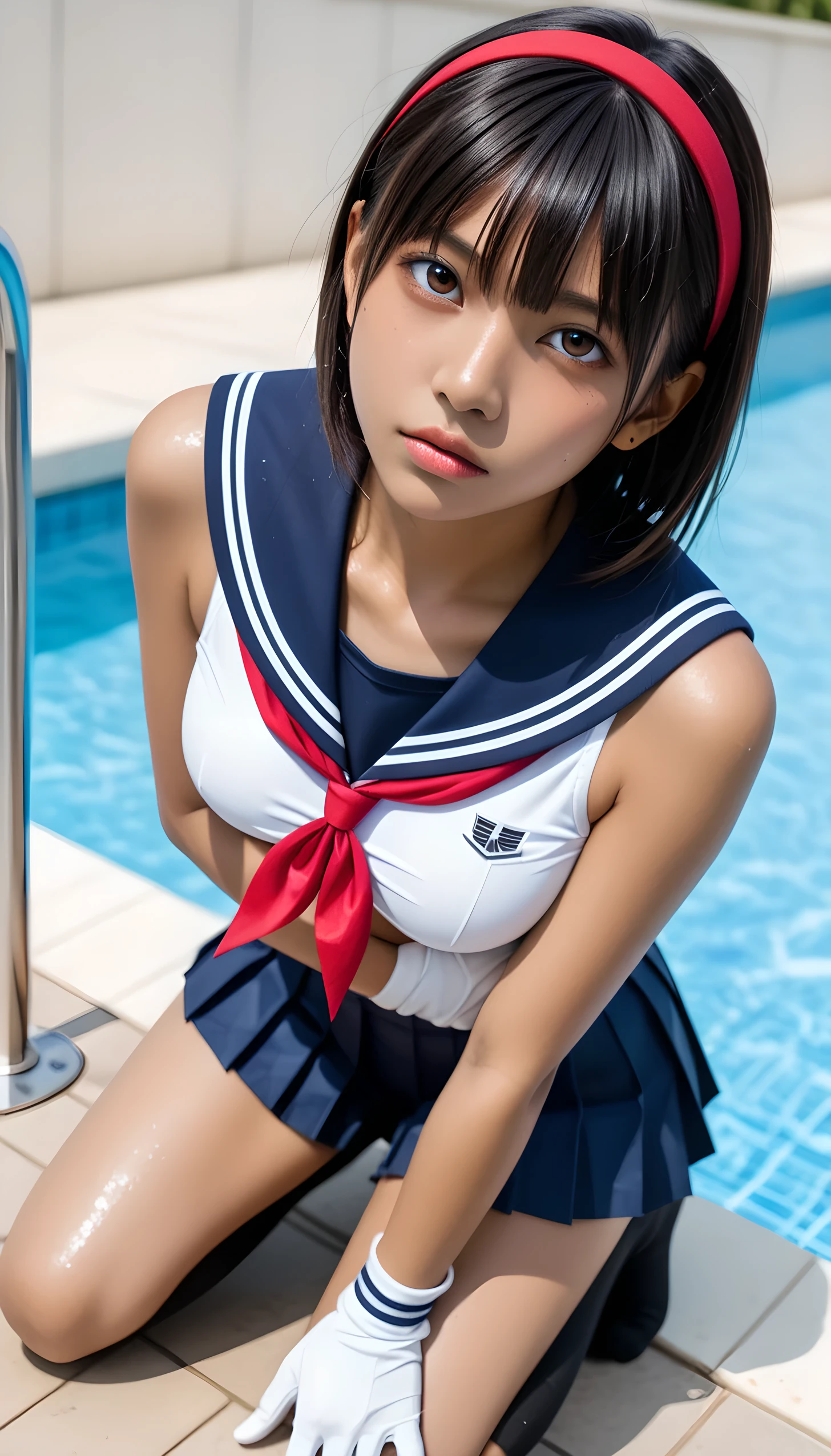  Wet 1 Japanese Female ********************* 、masterpiece 、  top quality  、 Super high resolution、 realistic、 beautiful lighting arranged in an orderly manner、  RAW photos 、4K Ultra HD、  super detailed face、Clear Face、Detailed eye、 beautiful eyes、1080P、 tan dark skin 、 black hair,   wet hair、 short bob cut , bangs、 Ponytail、 horny 、 Thin Young Gravure Idols 、 ecstatic face、 white headband、 white gloves、((( small chest with tension、Separated Breasts 、 tight breasts)))、(( blue sky、small outdoor pool 、 blur background)),(((Wet Japanese Female ************* Student 、  navy sailor color 、 wet pleated skirt 、 black high socks、Wear black shorts)))、Japanese female ************* student wearing a school swimsuit 、((Japanese ***************** girl in school swimsuit kneeling in a shallow pool 、 brings her face close while staring at the audience))  break ((( EXTREME FACE UP SHOT ,  viewers, the above )))、 full body shot 、(( underboob))、( perfect anatomy)、 break ((Upper eyelid))、((( midi skirt)))、 thin beautiful thighs 、 beautifully manicured hair 、 oily skin 、Five fingers