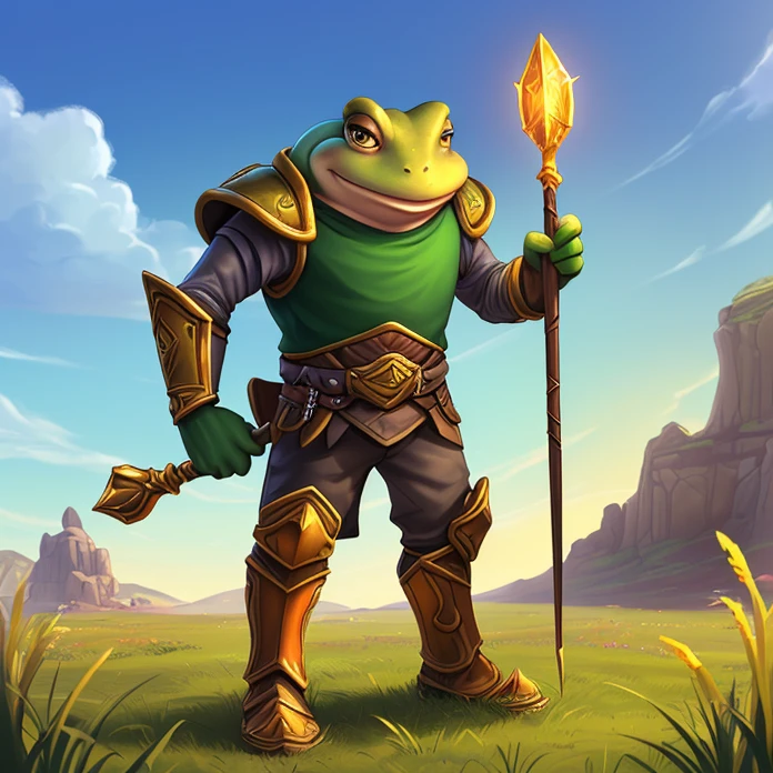 Masterpiece, HD, high resolution, high quality, best quality, super detailed. Solo creature alone, multiple views. Fantasy art. Warcraft aesthetic.
{{(An anthropomorphic-animal: A 60-years-old male-green-toad-conjurer:(appearance: pale-green-toad-skin. toad-head. Toad-face. Toad-mouth. Toad-yellow-eyes with black-pupils. Cunky-anthro-toad-body. Slender-toad-arms. Toad-hands with 5-toad-fingers. Anthro-toad-legs. Toad-feet with 5-toad-fingers. He stands 1,50-CM-tall. He’s standing quietly patient and relaxed.),(he wears: orange-colored-armor. Grey-simple-leather-clothing.),(equipment: long-stone-elemental-scepter.),(scenery: simple grass field. Simple-bright-sky. Simple-grass.))}}