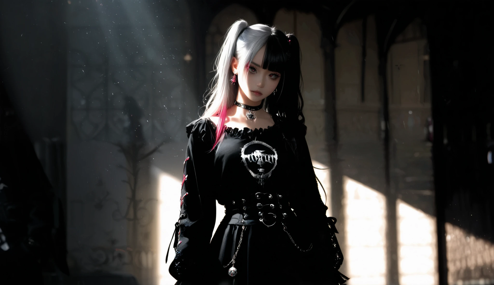 gothic punk girl , colorful hair , black hair, grey hair, jewelry , long eyelashes , earrings, awkward , gothic art , realism, cinematic lighting , ray tracing , rays of god, cowboy shot , masterpiece fails, anatomically correct, super detail, top quality , 8 k