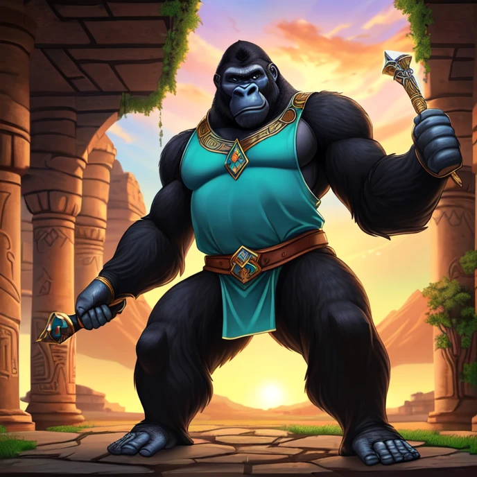 Masterpiece, HD, High Resolution, High Quality, Best Quality, Super Detailed. Solo character alone, multiple views. Fantast art. Warcraft aesthetic.
{{(A 150-years-old Male-Anthropomorphic-gorilla-shaman:(appearance: black-fur. Gorilla-fur. Blue-eyes. Gorilla-mouth. Gorilla-ears. Gorilla-neck. Muscular-male-complexion. Gorilla-hands. Gorilla-feet. He stands 2,00-cm-tall. Funny personality. Friendly demeanor. Brave fighter. He’s standing upright with comfidence.),(he wears: orange-trausers. Green-torso-belts. Green-gloves. Blue-shoulder-pads. Grey-tiaras.),(equipment:natural-stone-shaman-scepter. Ruby-stone in the scenter.),(scenery: nubian-city. Nubian-landscape. Nubian-styled-fantasy-realm. Anthro-gorillas-civilization.))}}