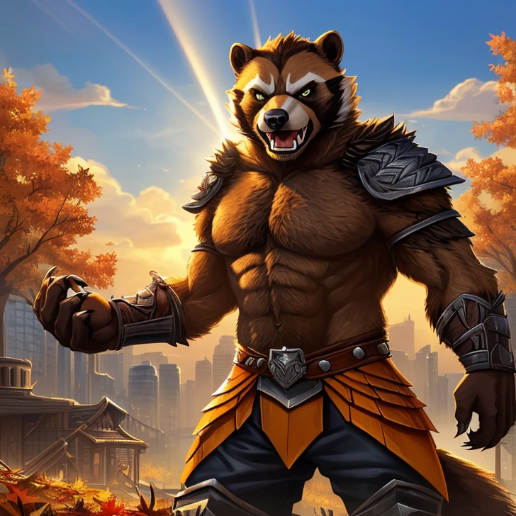 Masterpiece, HD, high resolution, high quality, best quality, super detailed. Solo creature alone, multiple view. Fantasy art. Warcraft aesthetic.
{{(A male-adult-elder-humanoid-wolverine:(appearance: wolverine-brown-and-black-fur. full-body-covered in-brown-and-black-fur. Short wolverine-ears. True-wolverine-face. True-wolverine-head. Wolverine-shaped-green-eyes. Open-roaring-mouth. Polar-bear-mouth. Wolverine-nose. Wolverine-hands-with-five-fingers. Wolverine-animal-claws-in-both-hands-fingers. Upright-slender-body. Slender-arms. Strong-legs. Angry-Roaring-expression. Warrior demeanor. Posing very aggressive. He stands 1,60-cm-tall.),(he wears: ragged-outfit. Orange-color-shoulders-armors. Orange-chainmail-armor. Orange-hip-armor. Red-pants.),(equipment: iron-spear.),(scenery: grim-forest. Bright sky. Sunny rays. Grim-city. Autumn station. Several humanoide-wolverines-people around.))}}