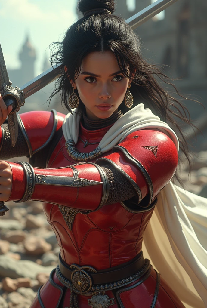 An Indonesian female knight, dark brown eyes, black choppy curly bangs hairstyles, wearing earrings, menacing face, red color armor adorned with jewelry, sword-swinging pose, white robes, conquered fortress background.