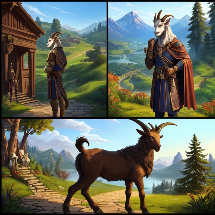 Masterpiece, HD, high resolution, high quality, best quality, super detailed. Solo creature alone, multiple views. Fantasy art. Warcraft aesthetic.
{{(An anthropomorphic-animal: A 200-years-old male-adult-satyr:(appearance: grey-goat-fur. Goat-animal-head. Goat-animal-face. 2-Goat-long-horns. Goat-mouth. Yellow-eyes with black-pupils. Anthro-goat-slender-body. Slender-arms. Anthro-goat-legs with goat-hooves. Hairy-goat-tail. He stands 1,80-CM-tall. Serious expression. Fierce and introvert personality. He stands vigilant.),(he wears: red-etruscan-tunic. Bronze-wristbands.),(equipment: long-greek-sword in his left-hand.),(scenery: huge-wooden-city. Huge-wooden-magical-buildings. Black-forest. Black-trees. Sunny-sky.))}}