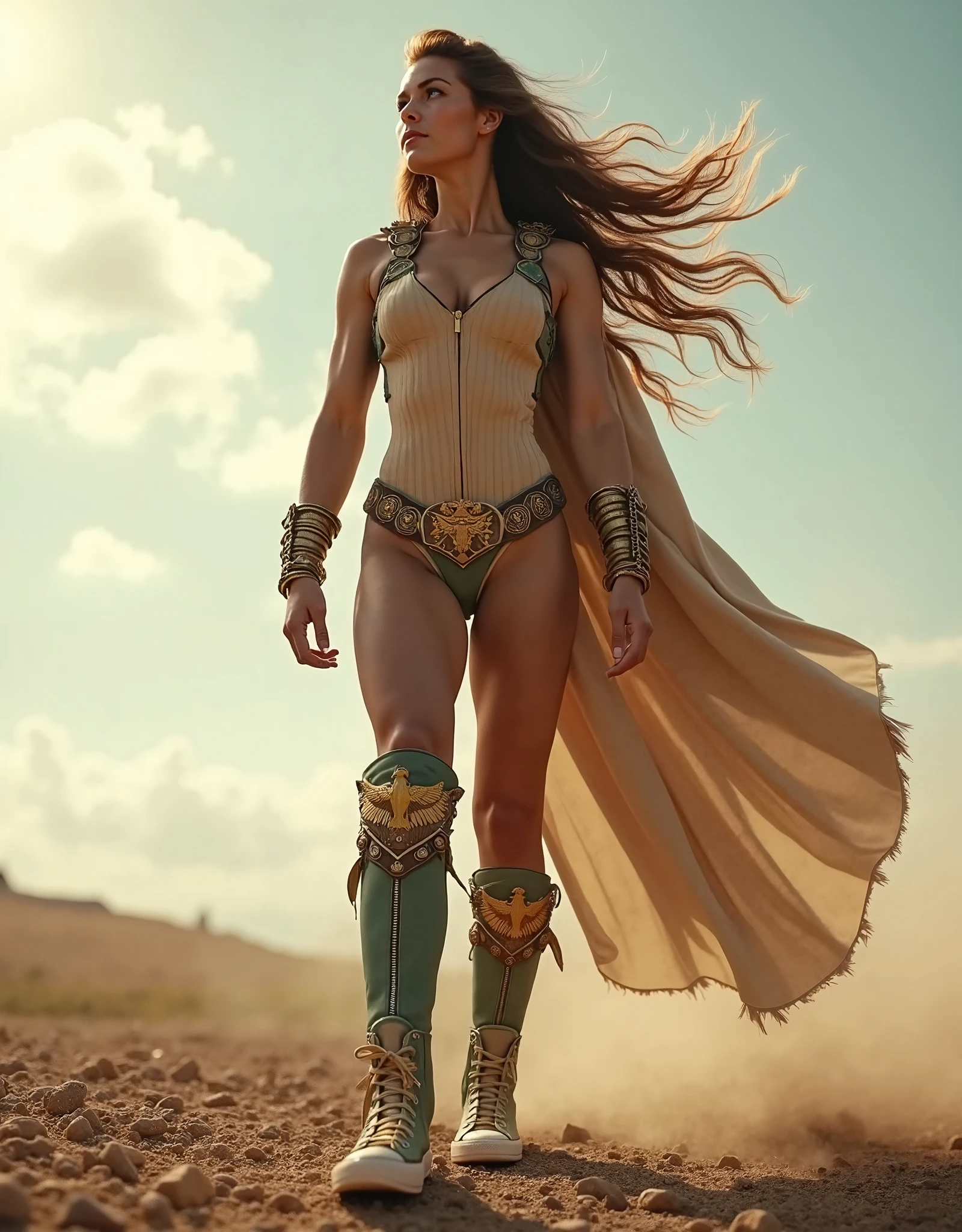 boris vallejo style poster full length perfect athletic figure long red haired green eyes red lips barbarian woman with spear in hand standing on a desert bowl at sunset