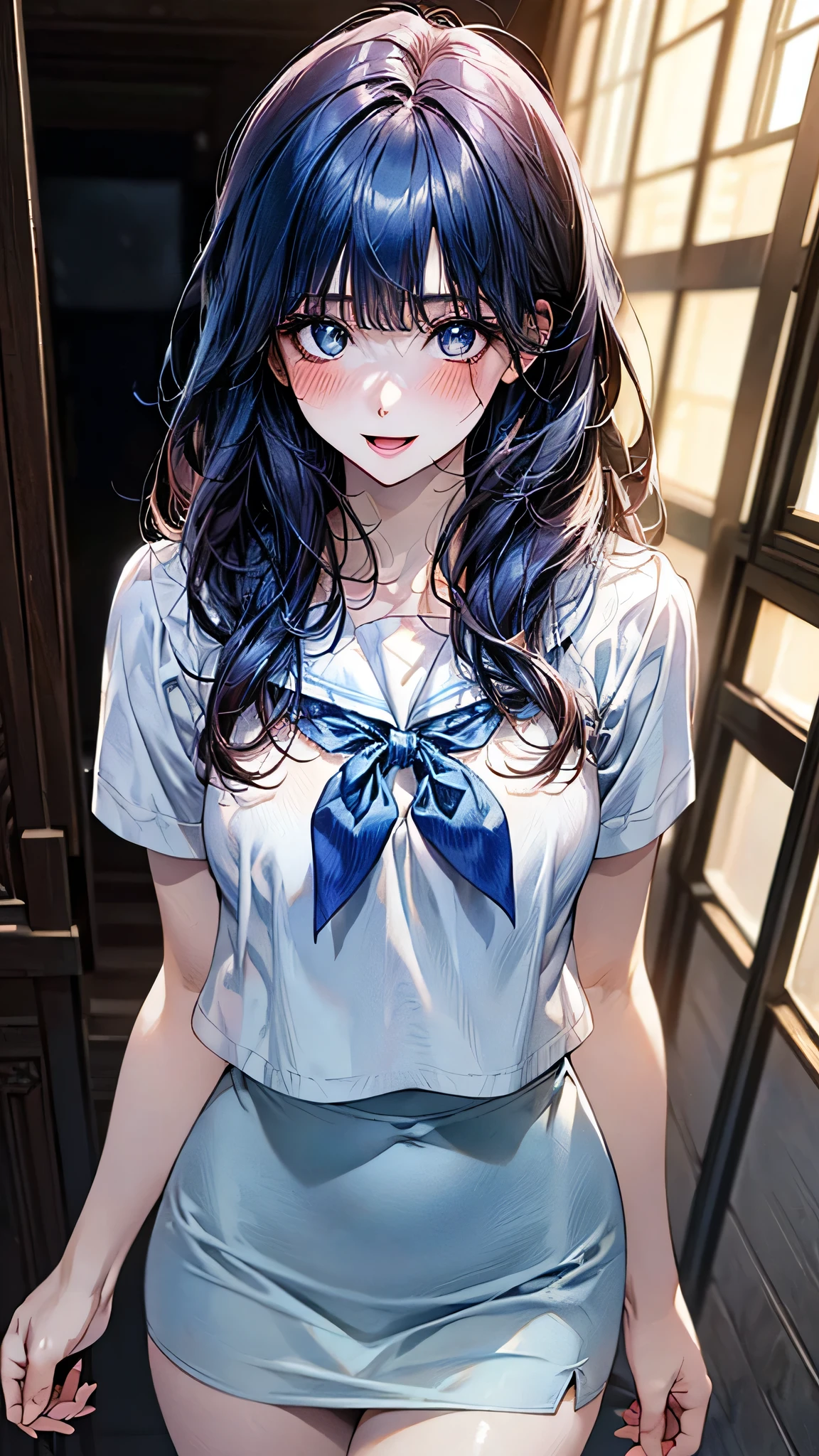 absurdres, RAW photo, extremely delicate and beautiful, masterpiece, Best Quality, ultra high resolution, 32k, hyperrealistic, ultra-detailed, detailed description, pale skin, 20 years old, delicate facial features, detailed beautiful face and eyes, tearful mole, earring, Colossal tits, short medium hair, wavy hair, full body shot, sailor uniform, school_uniform,